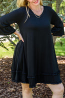 Black Plus Size Ruffled Trim 3/4 Sleeve Dress - SELFTRITSS