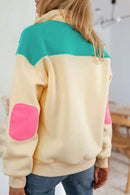 Apricot Color Block Elbow Patch Half Button Sweatshirt - SELFTRITSS