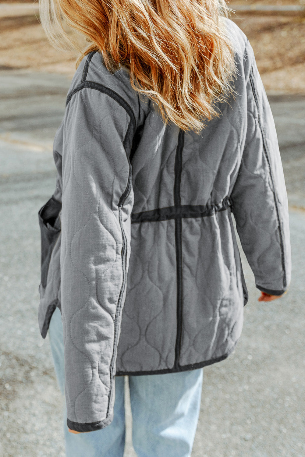 Gray Stitching Quilted Drawstring Jacket