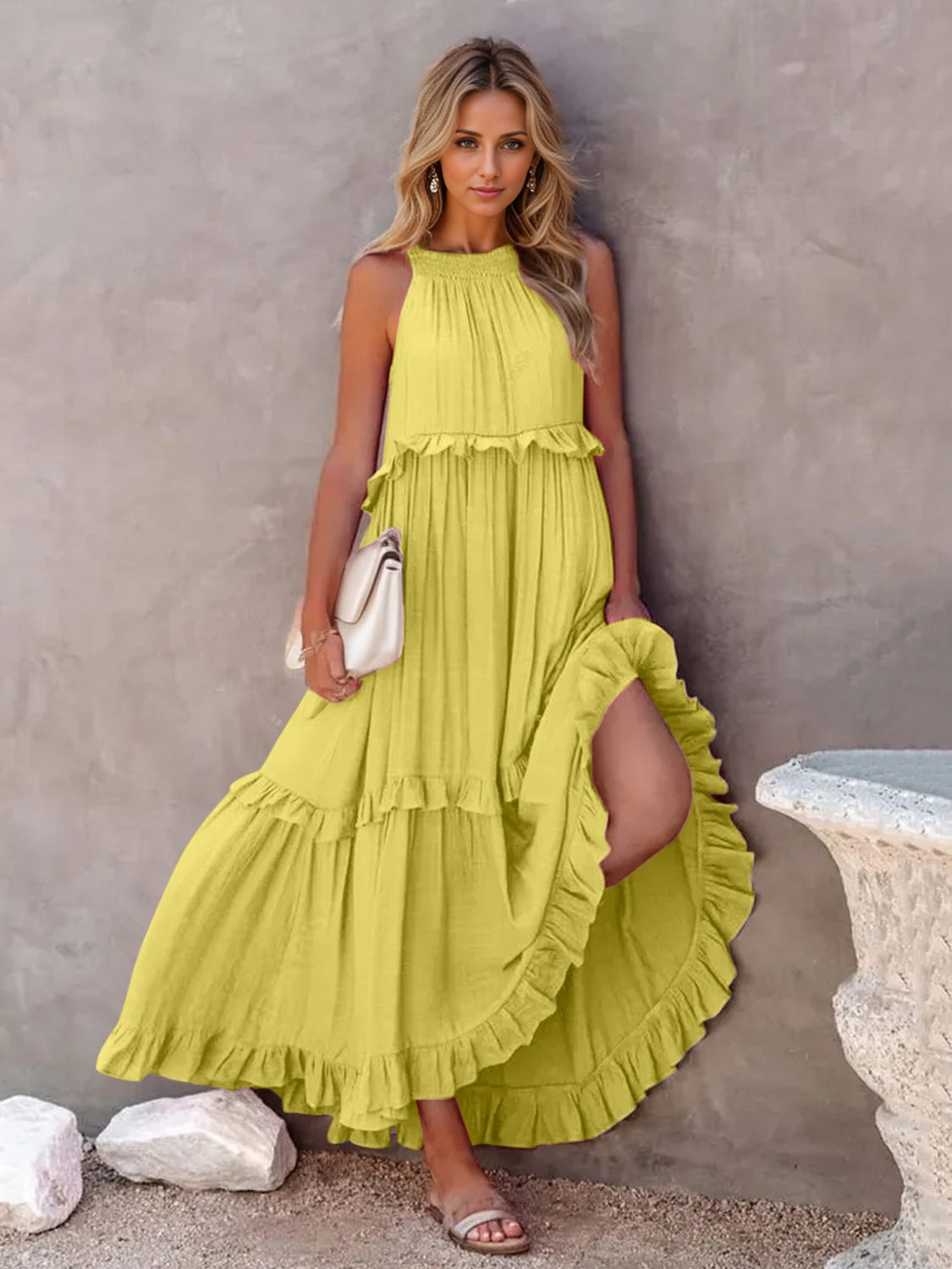 Ruffled Sleeveless Tiered Maxi Dress with Pockets - SELFTRITSS   