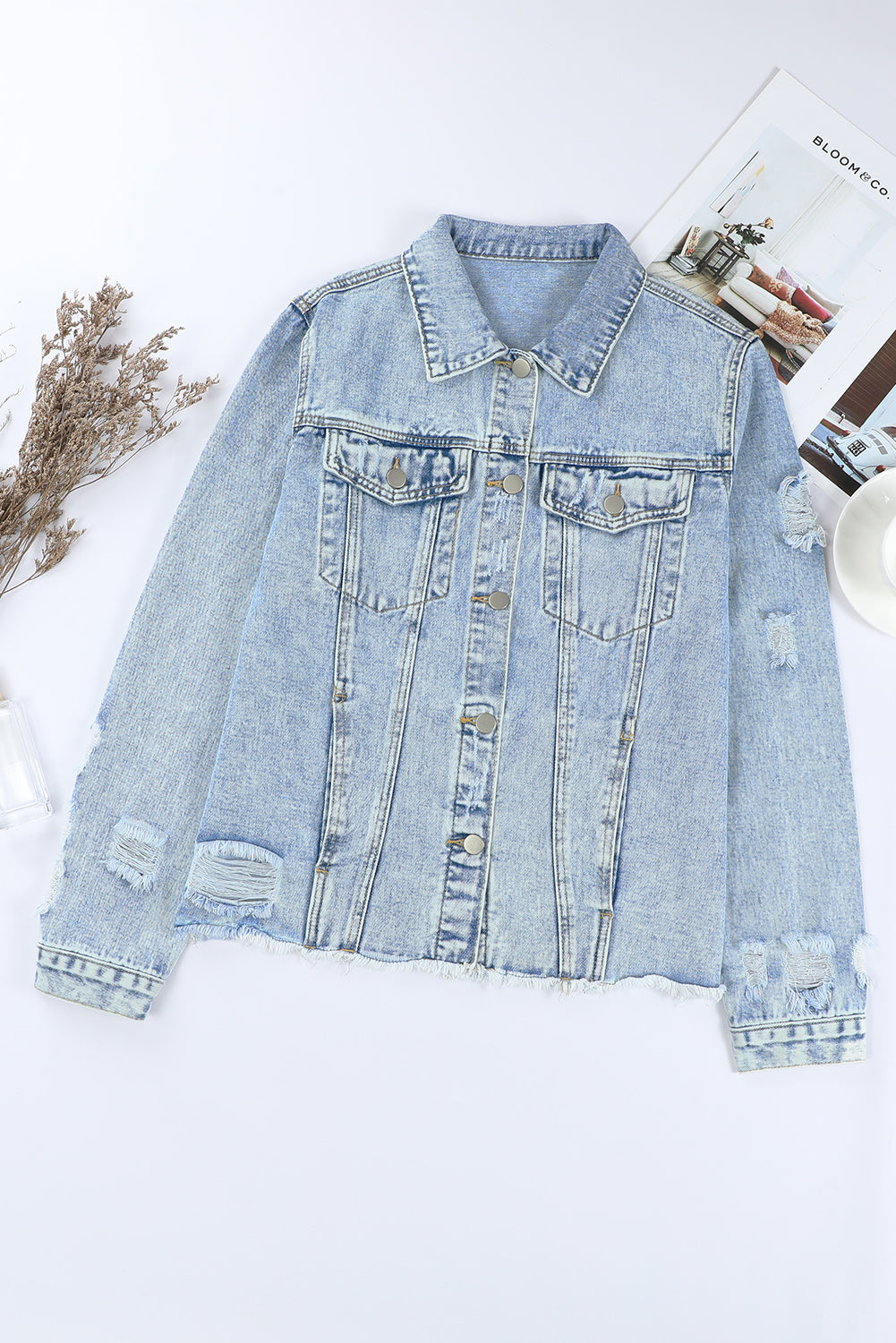 Sky Blue Lapel Distressed Raw Hem Buttons Denim Jacket - SELFTRITSS   