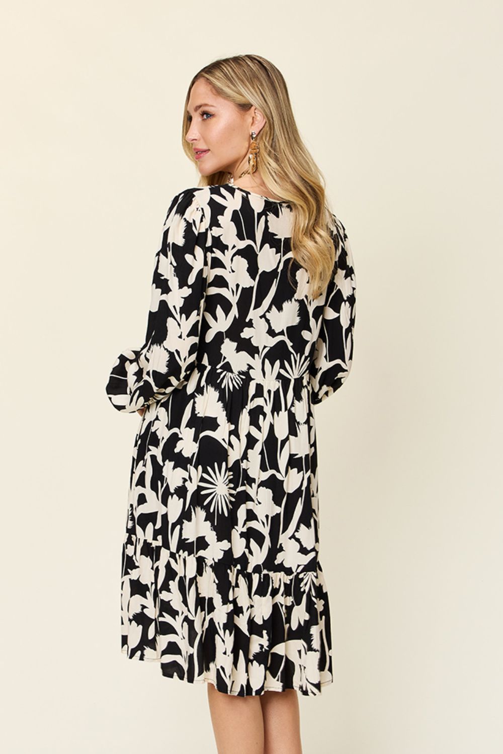 Double Take Full Size Printed Ruffle Hem Long Sleeve Dress - SELFTRITSS   