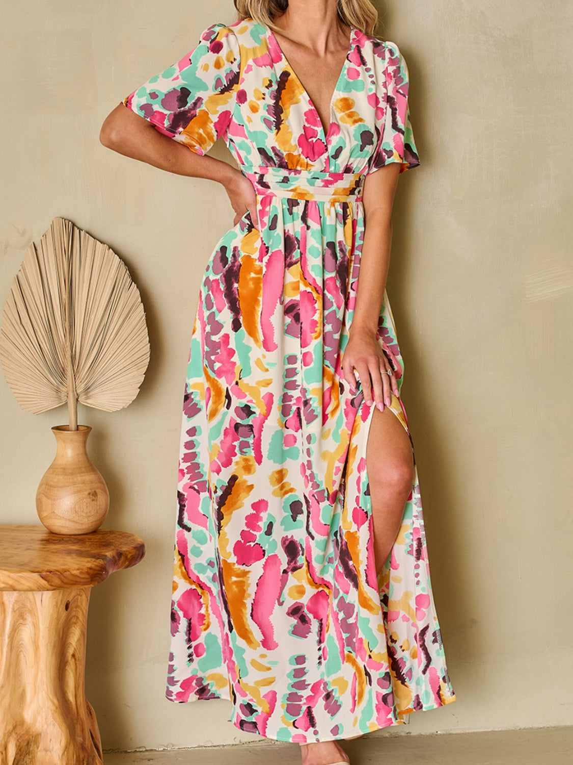 Slit Printed Surplice Short Sleeve Maxi Dress - SELFTRITSS   