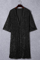 Black Sequin 3/4 Sleeve Open Front Duster Kimono - SELFTRITSS   