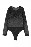 Black Rhinestone Embellished Mesh Long Sleeve Bodysuit - SELFTRITSS