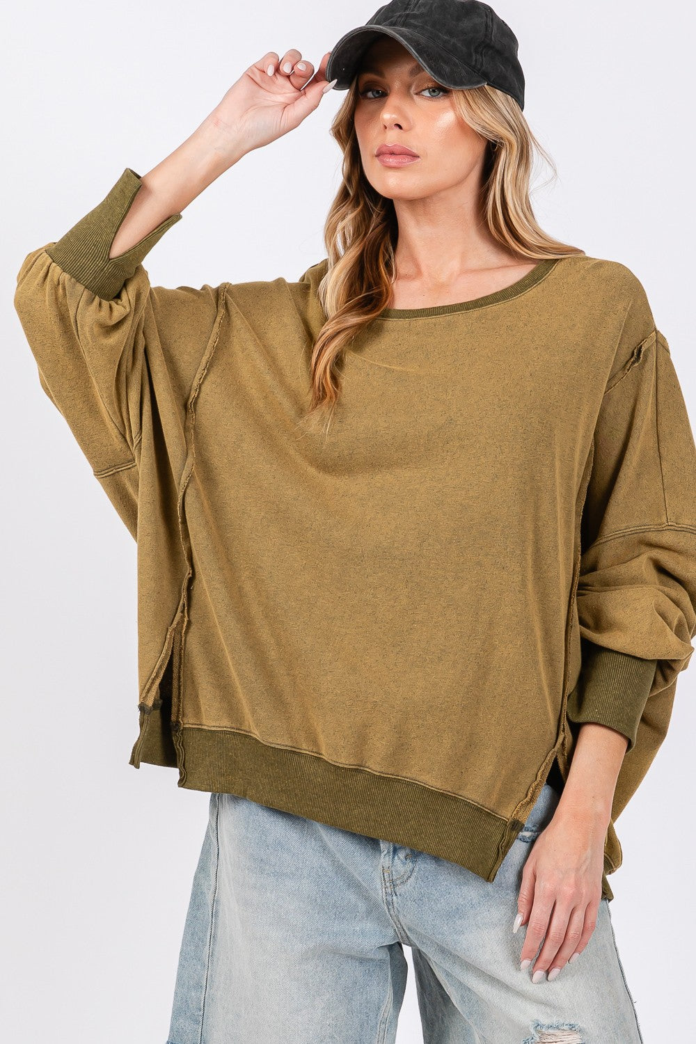 Army Green Slit Oversized Sweatshirt