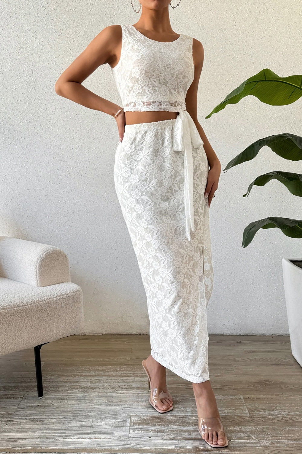 Lace Round Neck Top and Slit Skirt Set - SELFTRITSS   