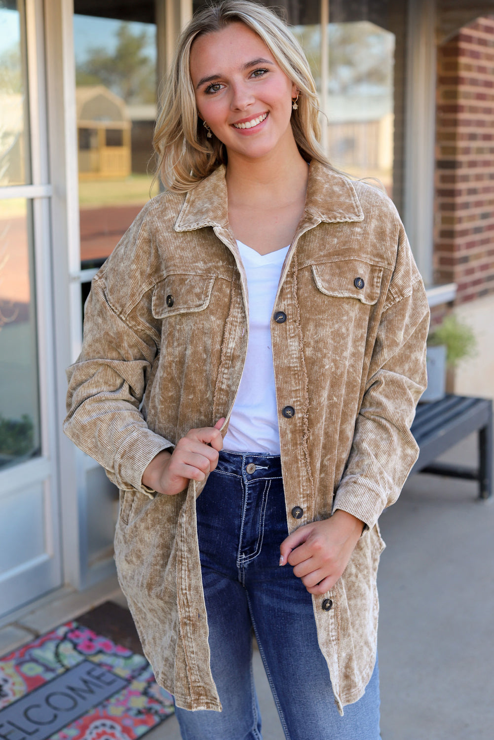 Khaki Vintage Distressed Mineral Wash Oversized Shacket - SELFTRITSS   