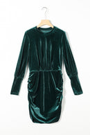 Green Velvet Puff Sleeve Ruched Bodycon Dress - SELFTRITSS   