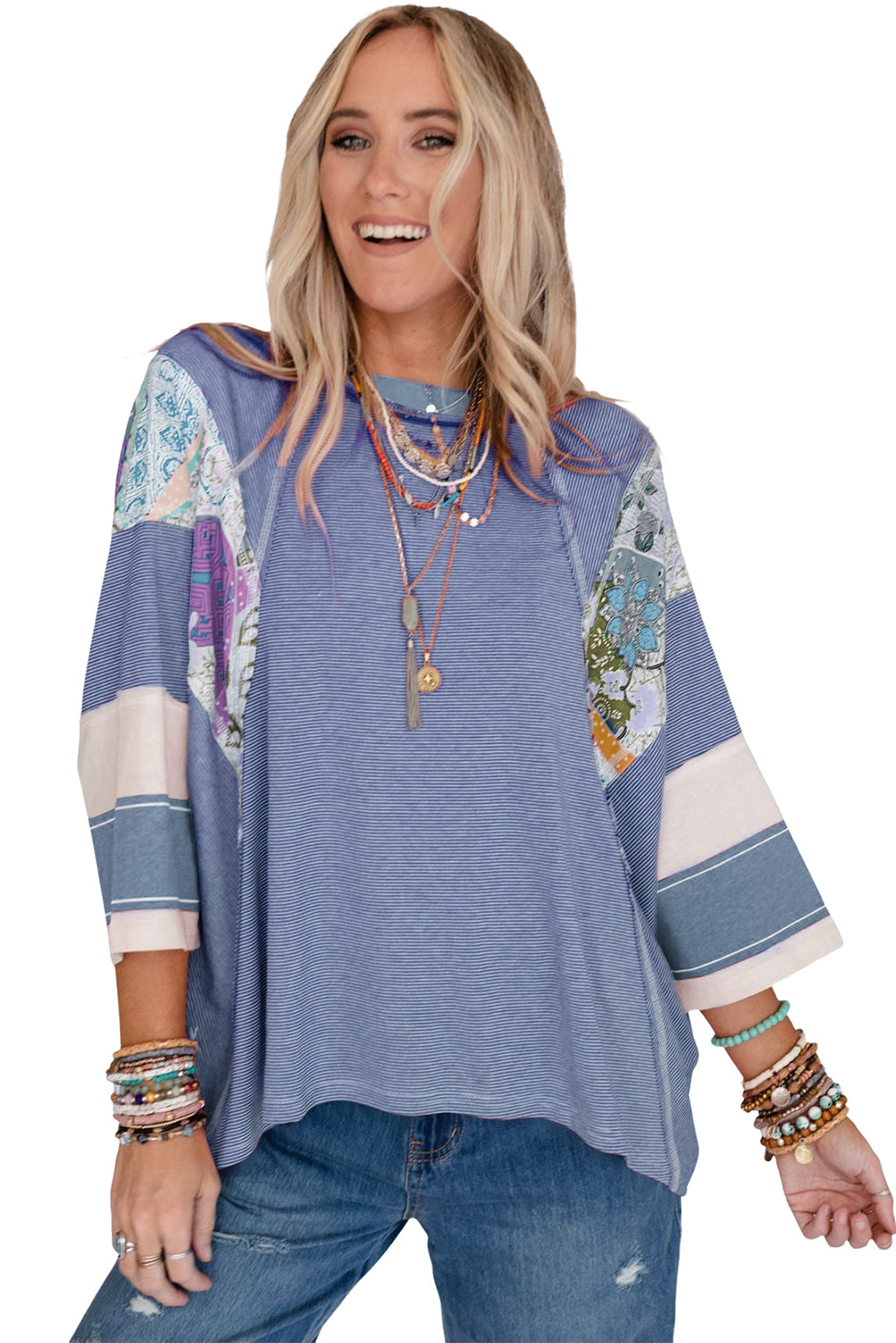 Sky Blue Printed Pinstriped Color Block Patchwork Oversized Top - SELFTRITSS