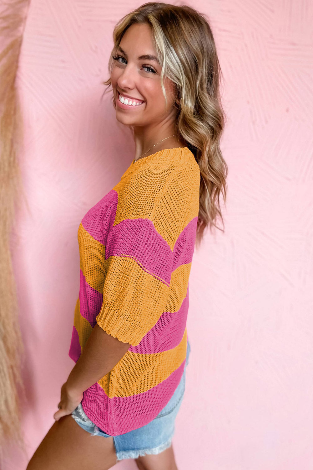 Orange Stripe Color Block Knitted T-shirt Sweater - SELFTRITSS   