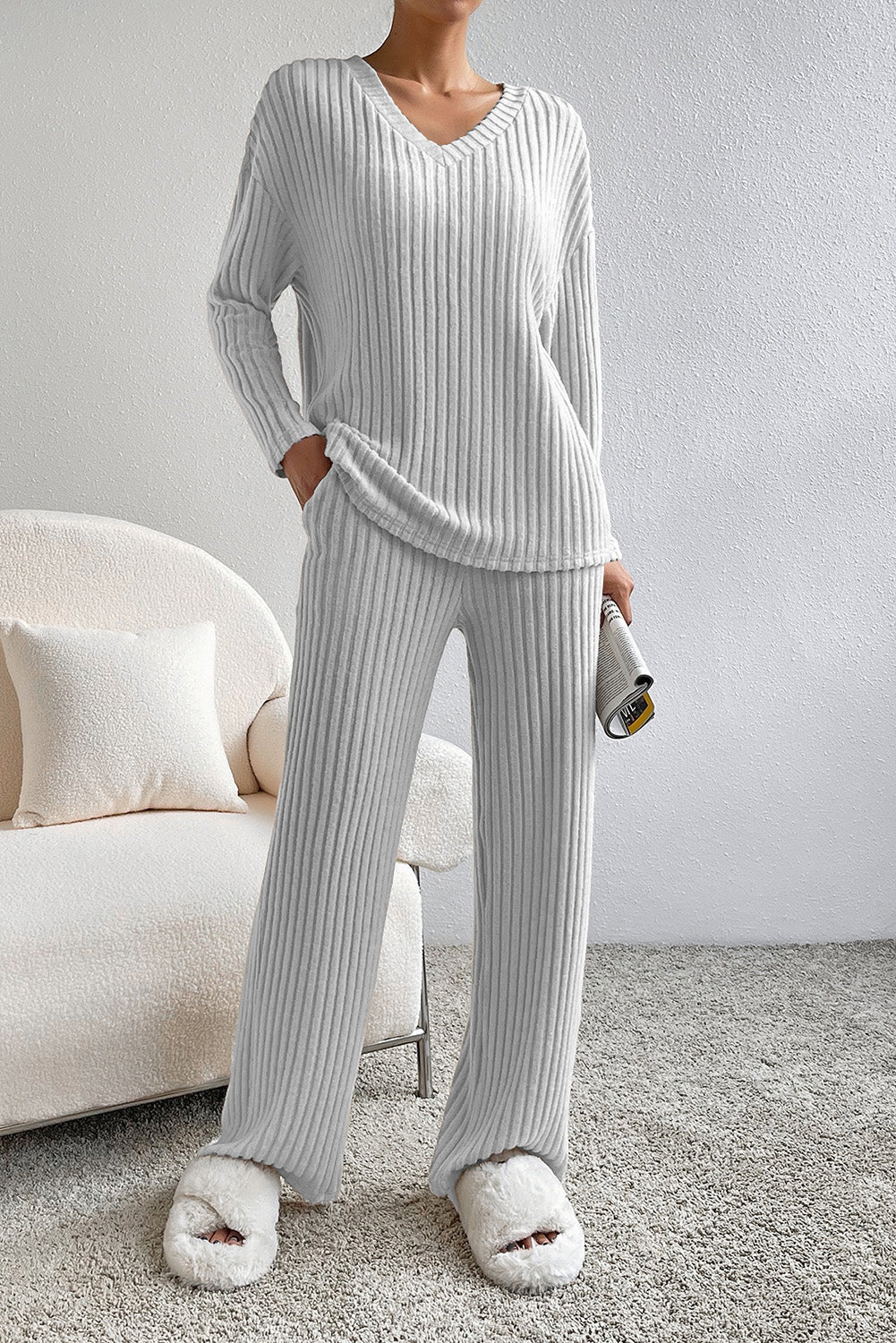 Light Grey Ribbed Knit V Neck Slouchy Two-piece Outfit - SELFTRITSS   