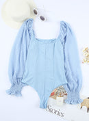 Sky Blue Solid Swiss Dot Ribbed Puff Sleeve Bodysuit - SELFTRITSS