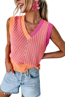 Strawberry Pink Contrast Chevron Knit V Neck Sweater Vest - SELFTRITSS   