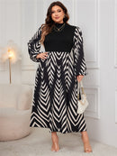 Plus Size Printed Mock Neck Long Sleeve Midi Dress - SELFTRITSS   