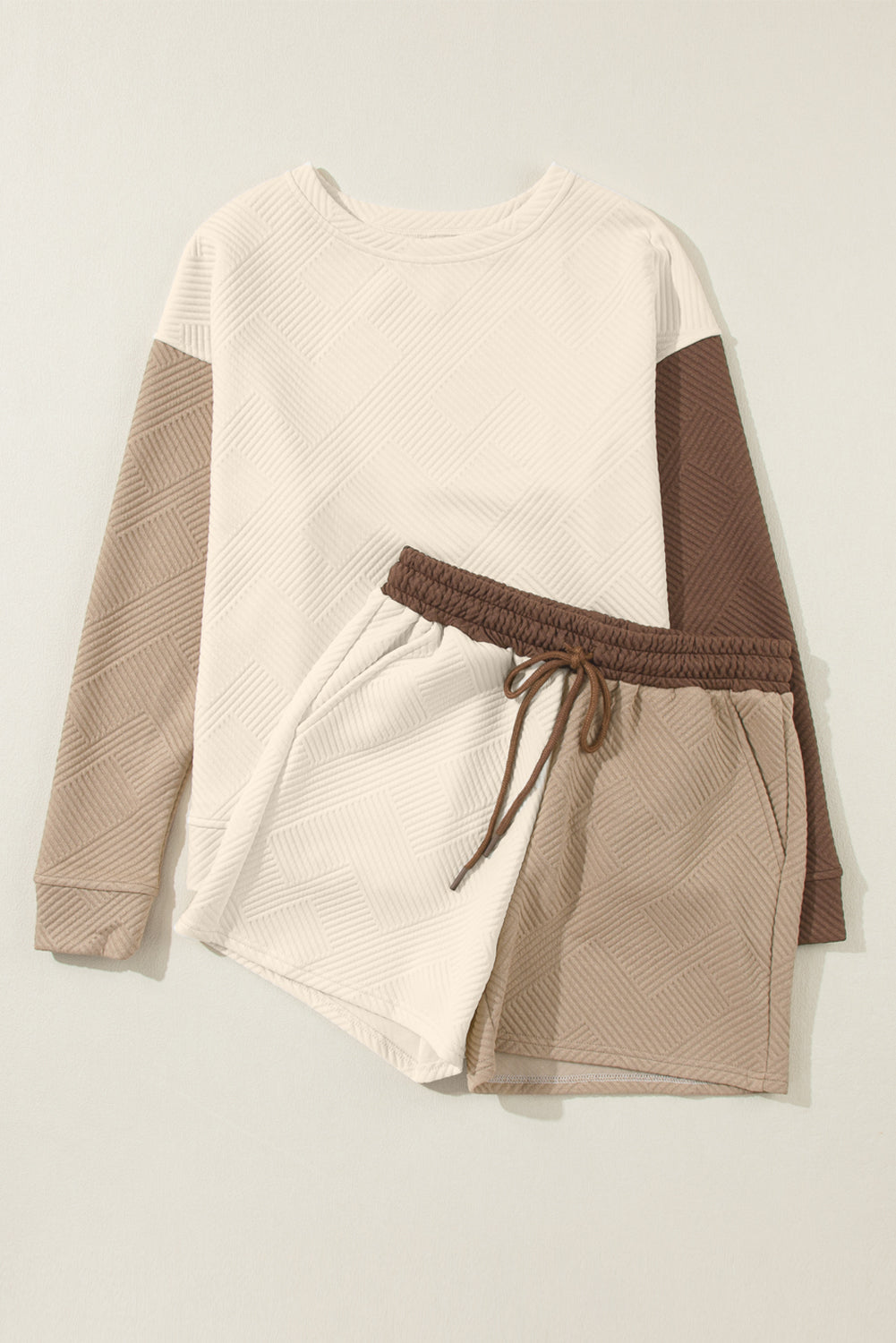 Multicolour Contrast Sleeve Color Block Pullover Shorts Textured Outfit - SELFTRITSS