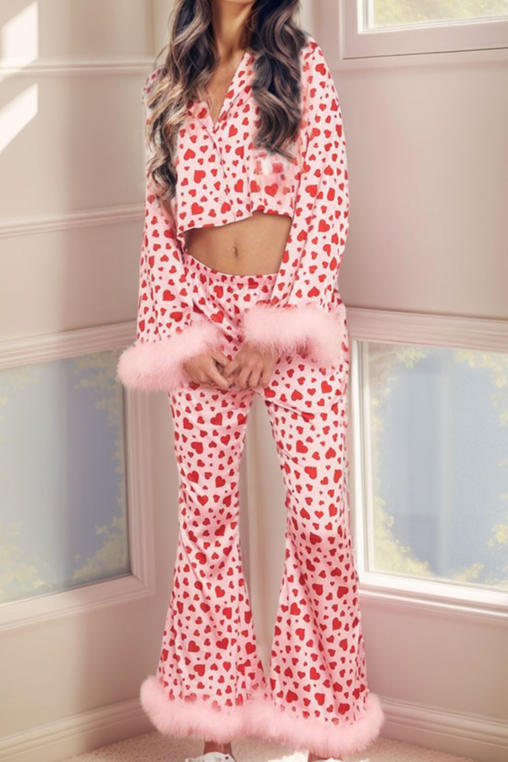 Fuzzy Trim Heart Print Cropped Top and Flare Pants Set - SELFTRITSS