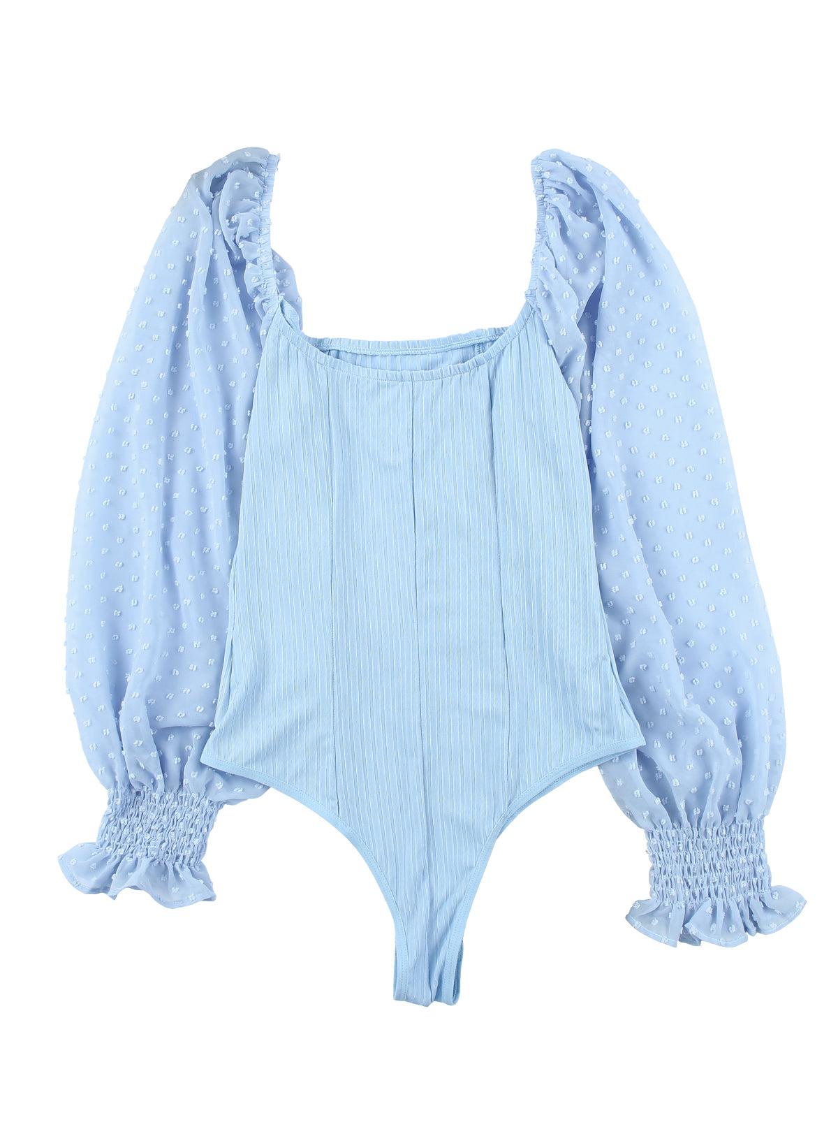 Sky Blue Solid Swiss Dot Ribbed Puff Sleeve Bodysuit - SELFTRITSS