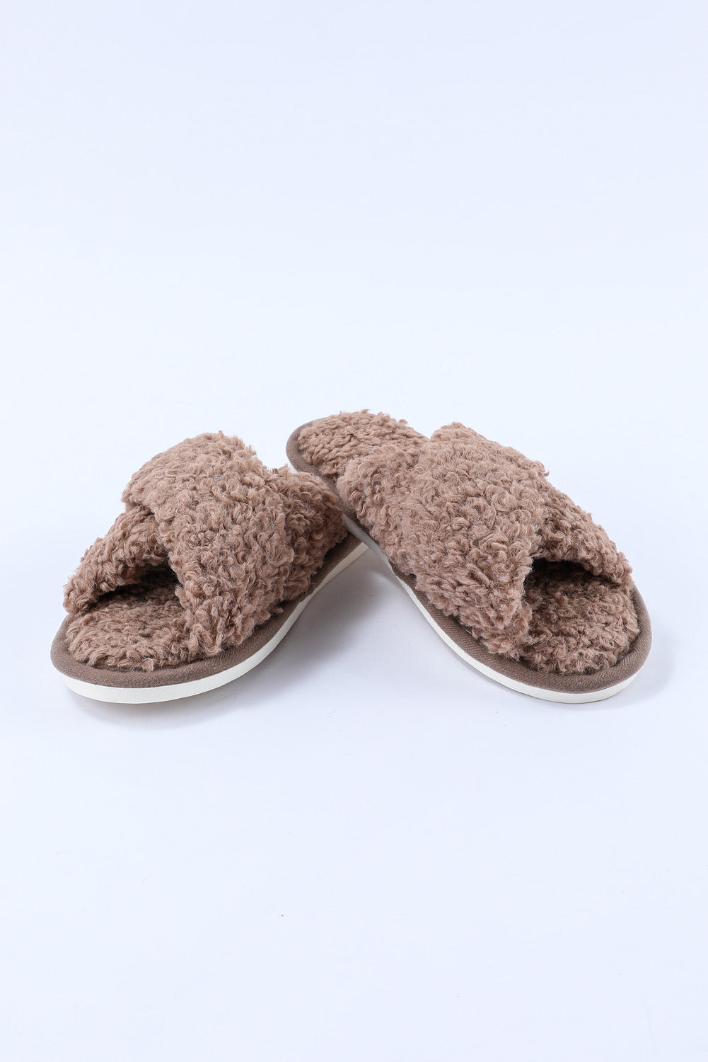 Brown Teddy Fur Cross Straps Home Slippers - SELFTRITSS