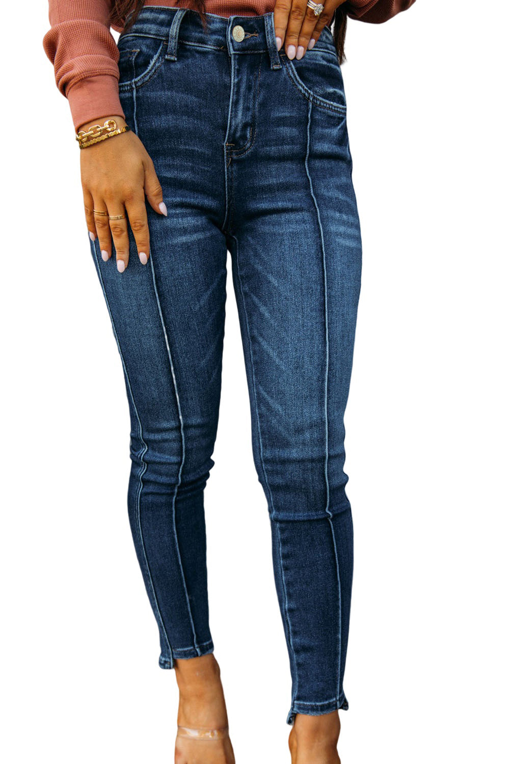 Blue Seamed High Waist Skinny Fit Jeans - SELFTRITSS
