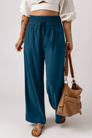 Blue Drawstring Elastic Waist Casual Wide Leg Pants - SELFTRITSS