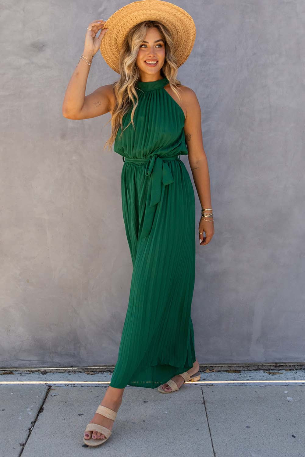 Green Halter Neck Pleated Wide Leg Jumpsuit with Belt - SELFTRITSS   