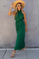 Green Halter Neck Pleated Wide Leg Jumpsuit with Belt - SELFTRITSS   