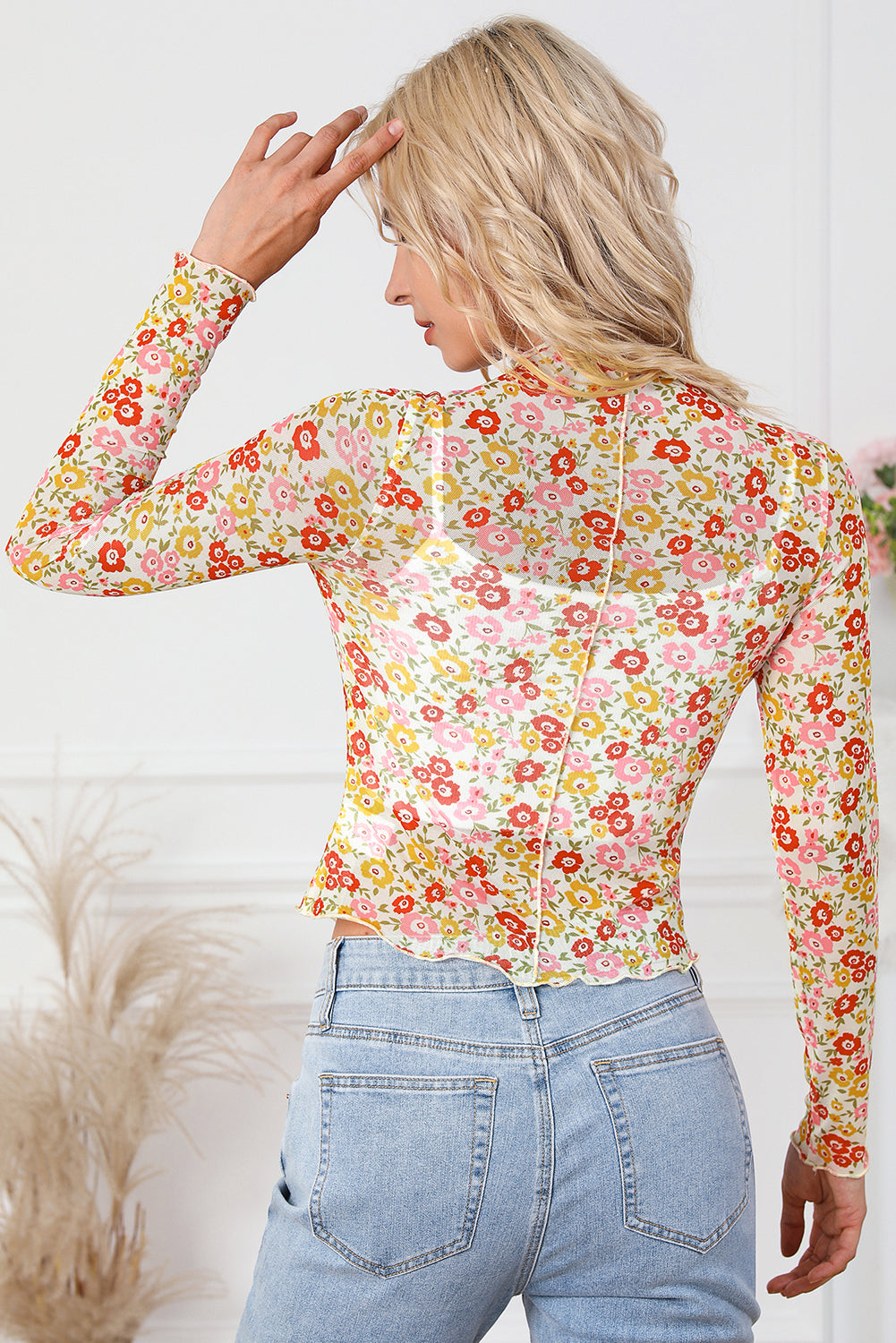 Multicolor Floral Lettuce Hem Long Sleeve Top - SELFTRITSS