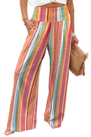 Multicolor Striped Smocked High Waist Wide Leg Pants - SELFTRITSS   