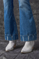 Sky Blue Slight Distressed Medium Wash Flare Jeans - SELFTRITSS