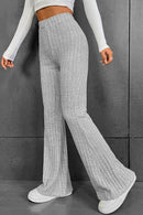 Gray Solid Color High Waist Ribbed Flare Pants - SELFTRITSS   