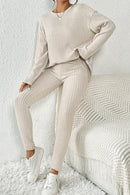 Apricot Ribbed Knit Loose Long Sleeve Top Skinny Pants Set - SELFTRITSS