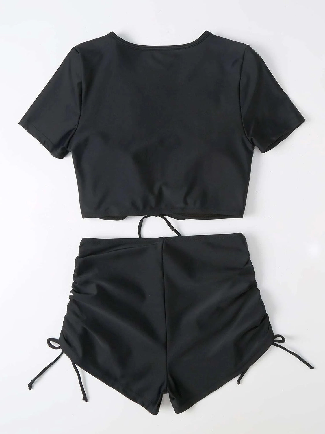 Drawstring V-Neck Short Sleeve Two-Piece Swim Set - SELFTRITSS