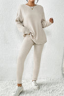 Apricot Ribbed Knit Loose Long Sleeve Top Skinny Pants Set - SELFTRITSS