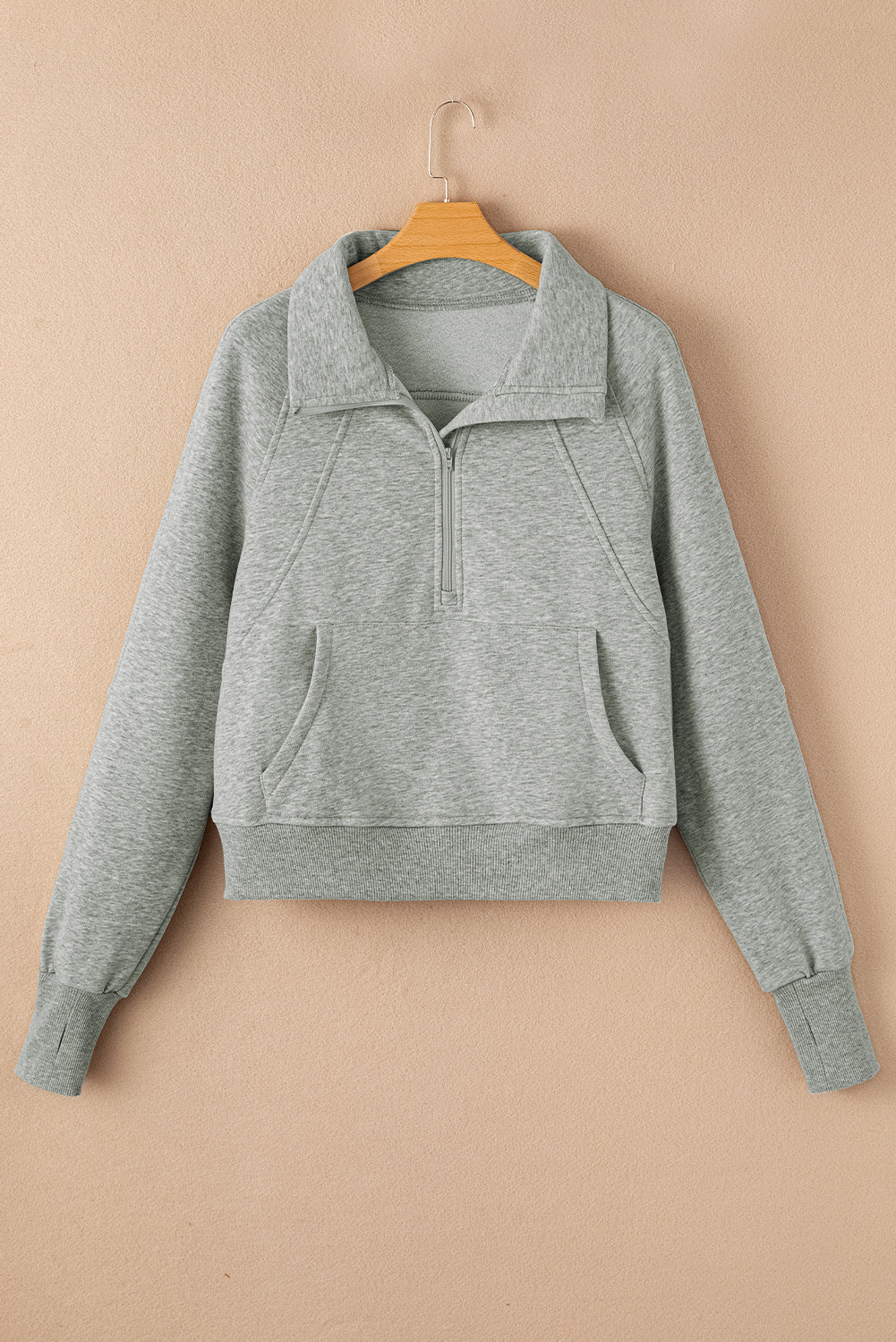 Gray Zip Up Stand Collar Ribbed Thumbhole Sleeve Sweatshirt - SELFTRITSS