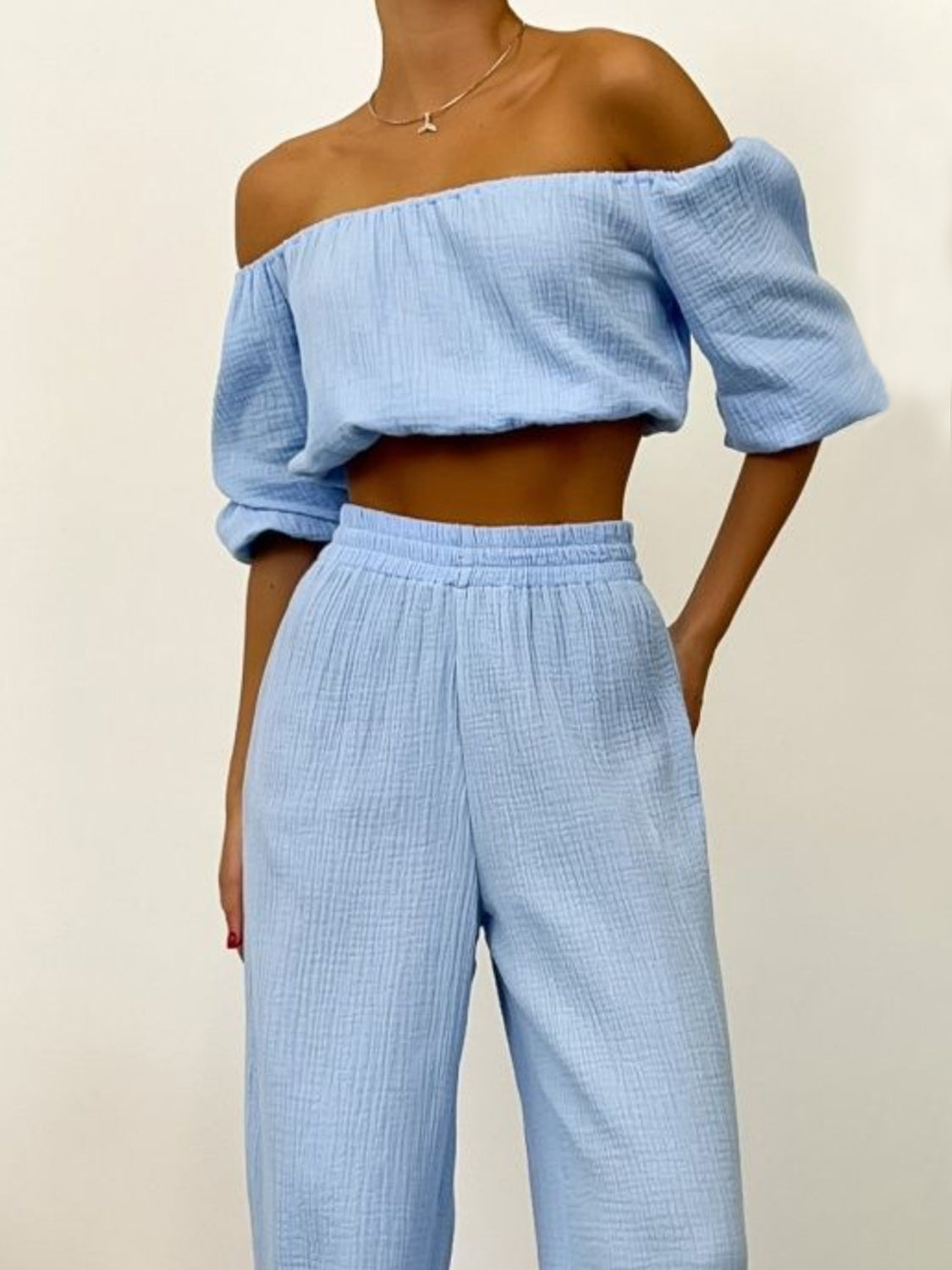 Off Shoulder Long Sleeve Top and Pants Set - SELFTRITSS   