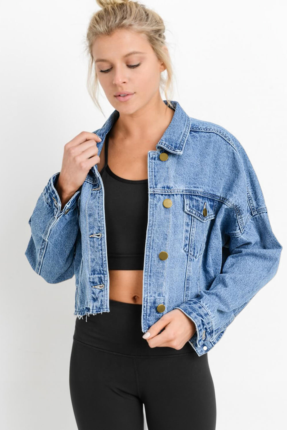 Sky Blue Medium Wash Chunky Cropped Denim Jacket - SELFTRITSS   