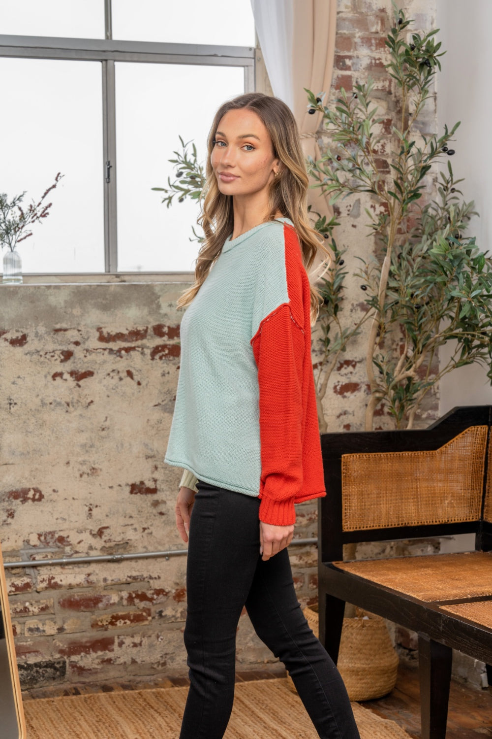 Full Size Color Block Drop Shoulder Sweater - SELFTRITSS   