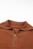 Brown Solid Ribbed Trim Plus Size Zip Collar Sweater - SELFTRITSS