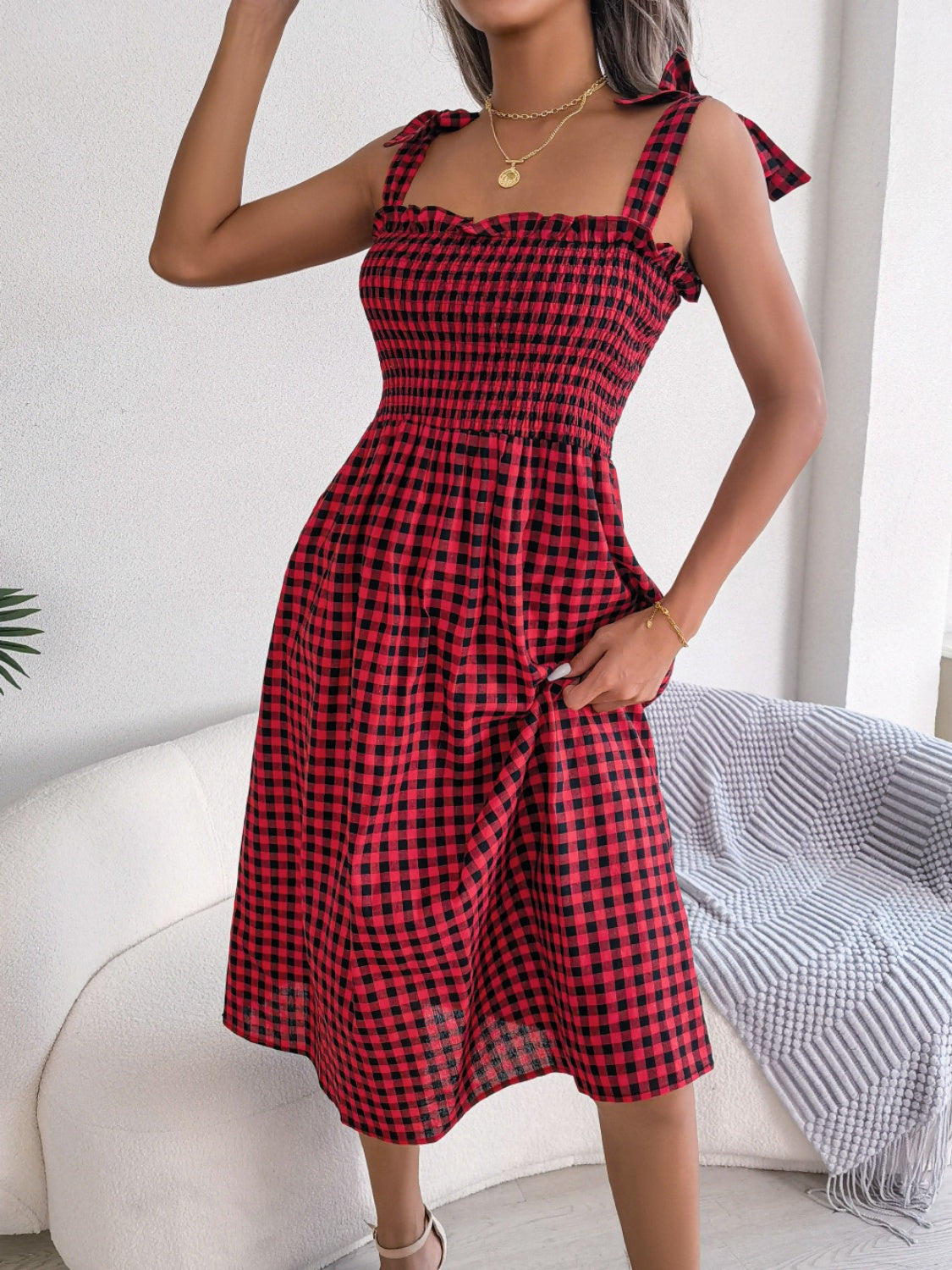 Frill Plaid Square Neck Midi Dress - SELFTRITSS   