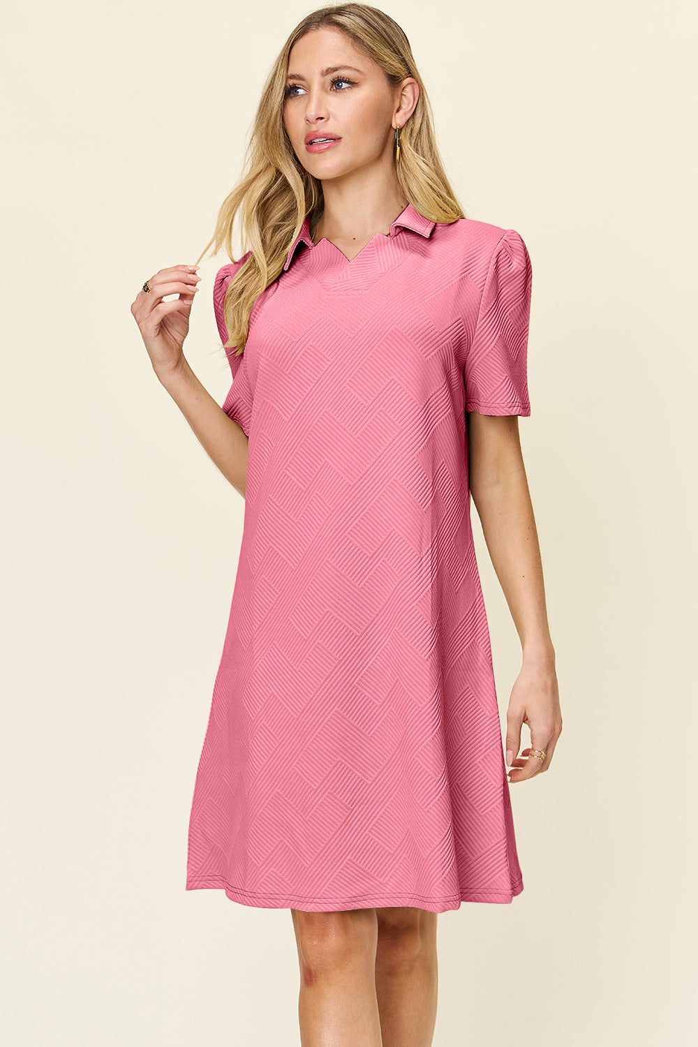 Double Take Full Size Texture Collared Neck Short Sleeve Dress - SELFTRITSS   