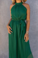 Green Halter Neck Pleated Wide Leg Jumpsuit with Belt - SELFTRITSS   