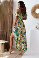 Smocked Printed Short Sleeve Maxi Dress - SELFTRITSS