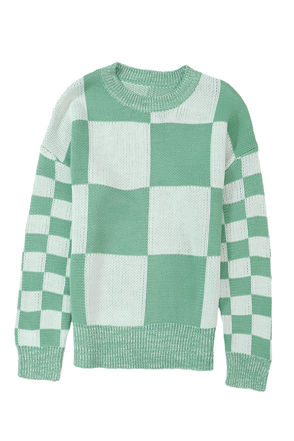 Mint Green Checkered Print Drop Shoulder Sweater - SELFTRITSS   