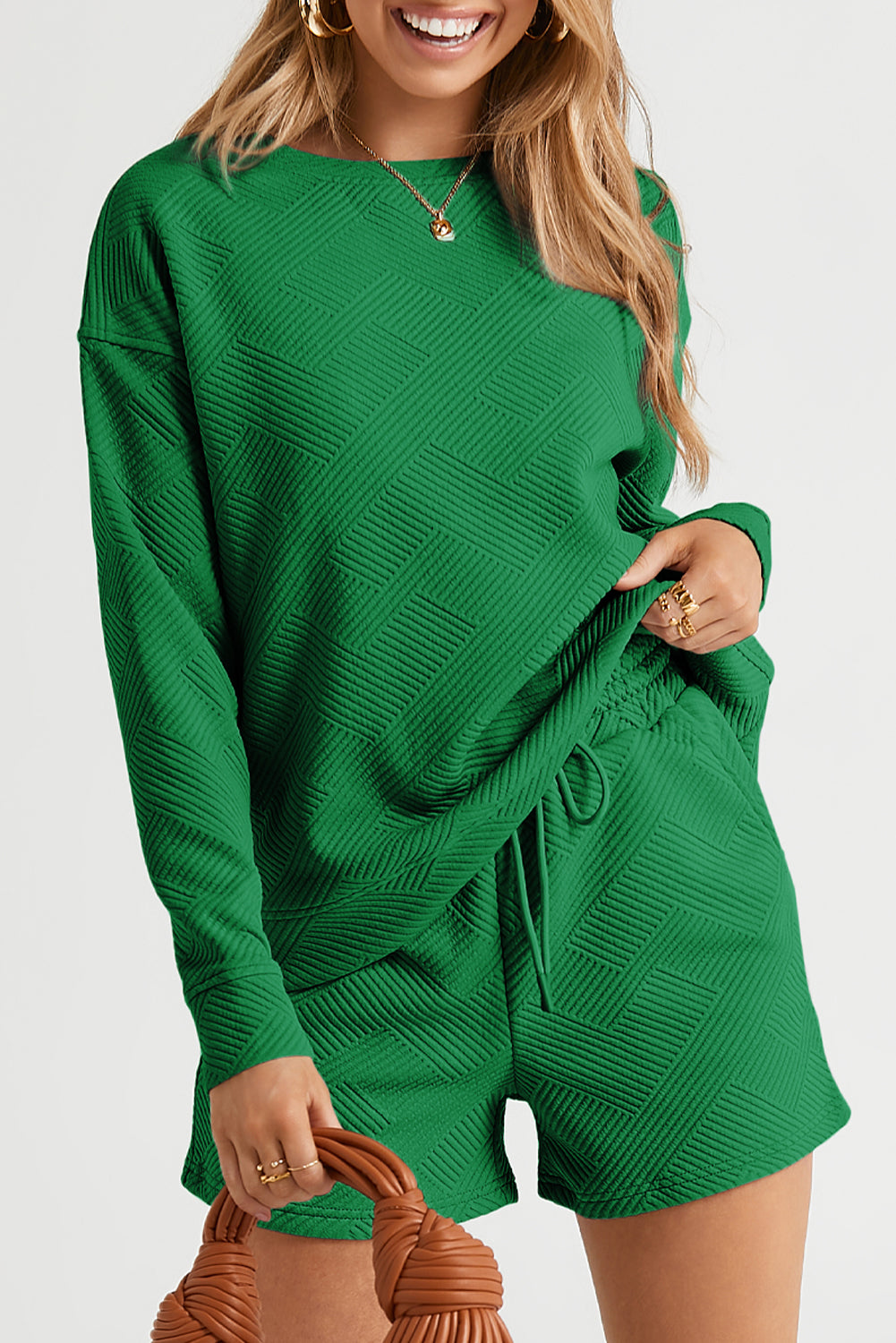 Green Textured Long Sleeve Top and Drawstring Shorts Set - SELFTRITSS