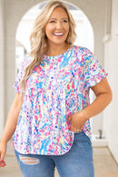 Purple Vibrant Botanical Print Frill Short Sleeve Plus Size Top - SELFTRITSS   