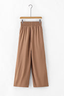 Brown Drawstring Elastic Waist Casual Wide Leg Pants - SELFTRITSS   