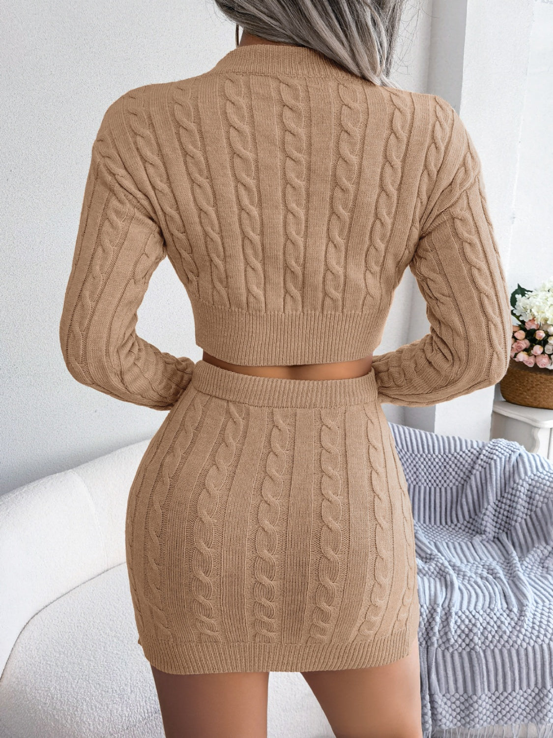 Cable-Knit Round Neck Top and Skirt Sweater Set - SELFTRITSS