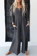 Gray Button Long Sleeve Wide Leg Jumpsuit - SELFTRITSS