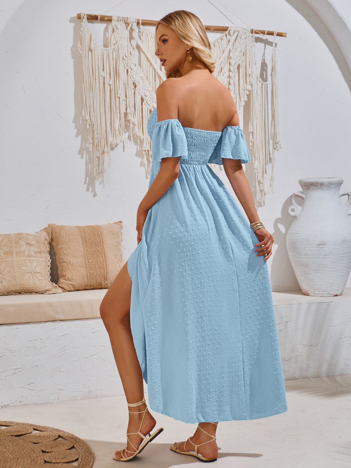 High-Low Smocked Short Sleeve Midi Dress - SELFTRITSS   